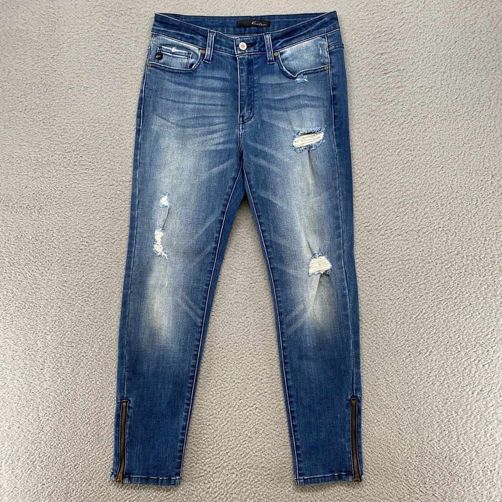 Kancan Skinny Jeans Womens 9/28 Tapered Leg High Rise Ankle Zip Distressed Blue
